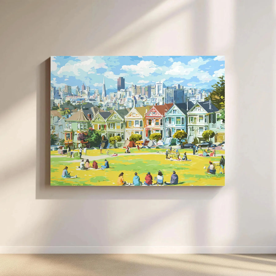 San Francisco Wall Art Canvas Print | Vibrant Painted Ladies Illustration, Alamo Square | Premium Gallery Wrap Canvas | California Home Decor Gift