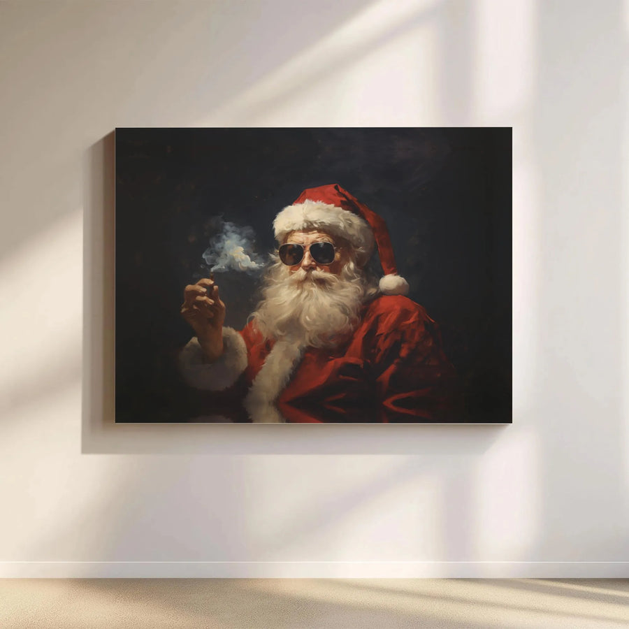 Cool Santa Claus Canvas Print | Smoking Santa Wall Art with Sunglasses | Premium Fade-Resistant Gallery Wrap | Edgy Christmas Home Decor Gift