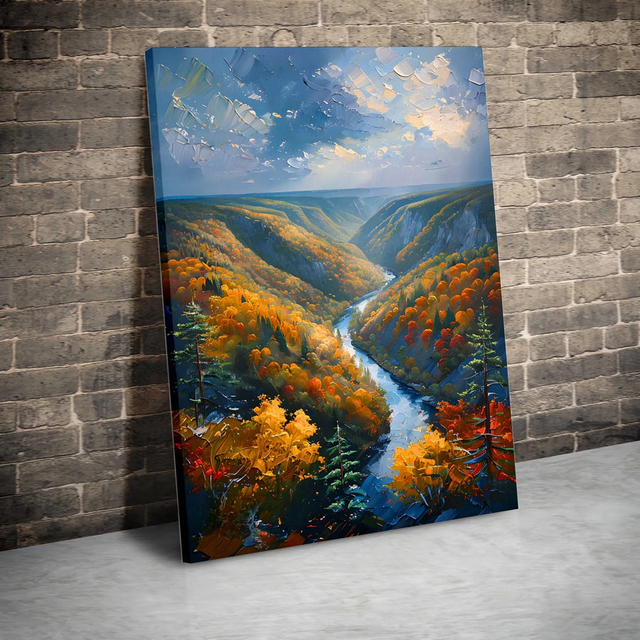 Autumn River Valley Canvas | Impasto Oil Landscape Wall Art | Gallery-Quality 1.25 Inch Thick Print | Nature Lover Home Decor Gift