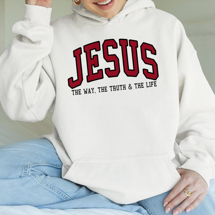 Jesus Hoodie The Way The Truth And The Life | Varsity Script Design | Premium Cotton Blend | Christian Faith Gift For Men And Women