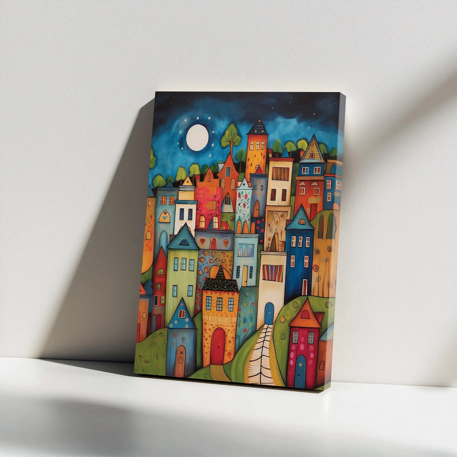 Whimsical Town Canvas Print | Colorful Folk Art Cityscape | Thick Gallery Wrap Canvas | Unique Home Decor Gift