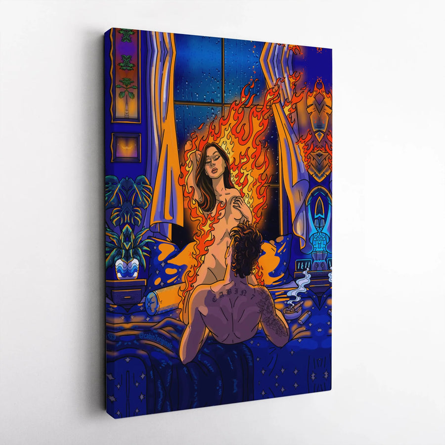 Passionate Couple Canvas Print | Romantic Bedroom Art Decor | Premium Fade-Resistant Gallery Wall | Artistic Lovers Fire Illustration