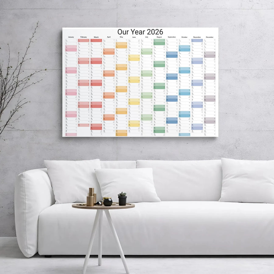 2026 Year At A Glance Calendar Canvas | Color Coded Annual Planner Wall Art | Premium Gallery Wrapped Canvas | Office Decor Productivity Gift