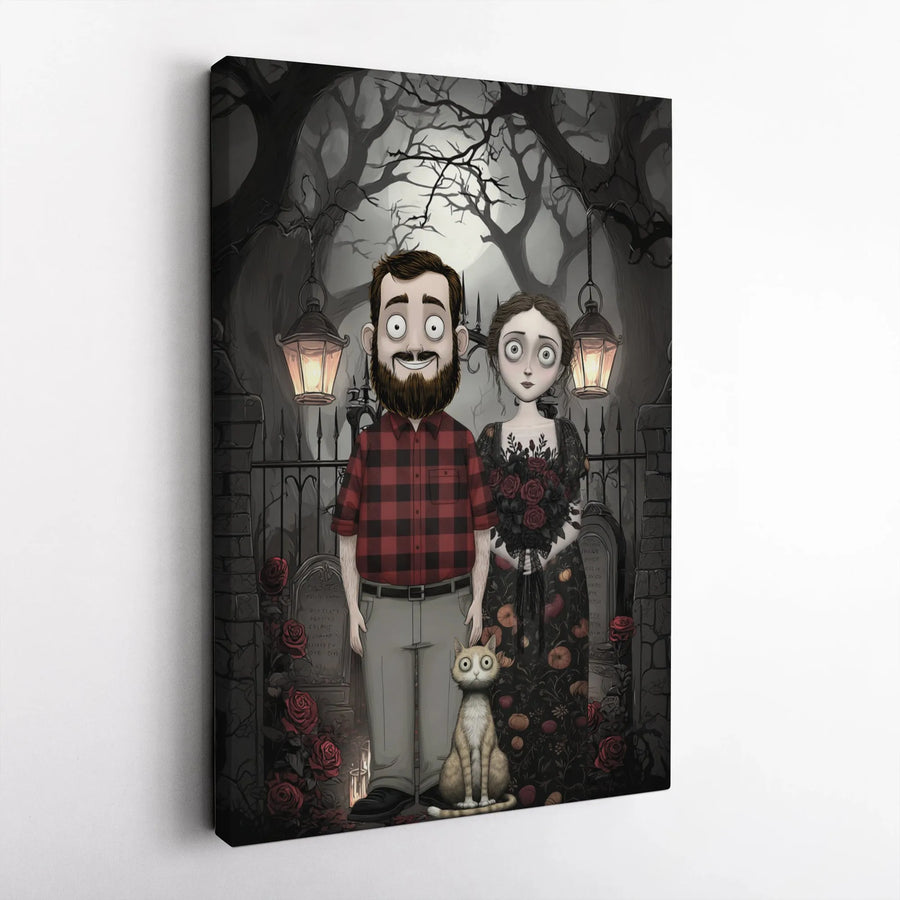 Gothic Couple Portrait Canvas | Spooky Cemetery Art Print | Gallery Quality 1.25-Inch Profile | Dark Aesthetic Home Decor Gift