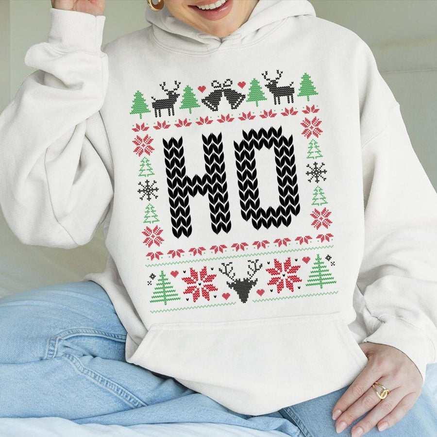 Ho Ho Ho Ugly Christmas Hoodie | Funny Holiday Sweater Graphic | Cotton-Poly Blend Sweatshirt | Matching Couples Xmas Party Gift