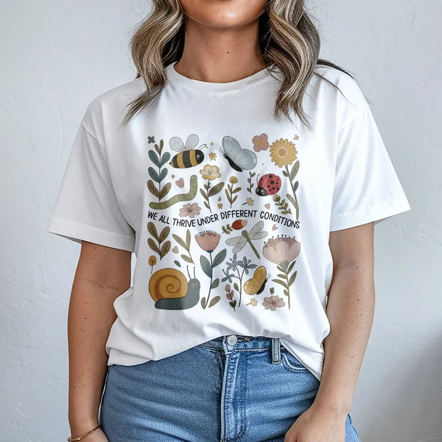 Autism Awareness T-Shirt | Cute Garden Insects & Floral Design | Soft Cotton Blend | Inspirational Neurodiversity Gift