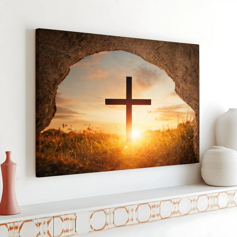 Empty Tomb Canvas Wall Art | Christian Cross at Sunrise | Premium Thick Gallery Wrap | Inspirational Faith Decor Gift