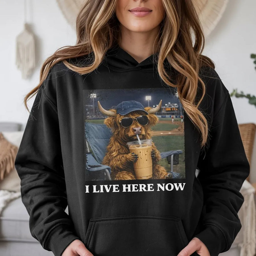 Highland Cow Baseball Hoodie | Funny 'I Live Here Now' Graphic | Soft Cotton Blend | Gift for Baseball and Softball Moms