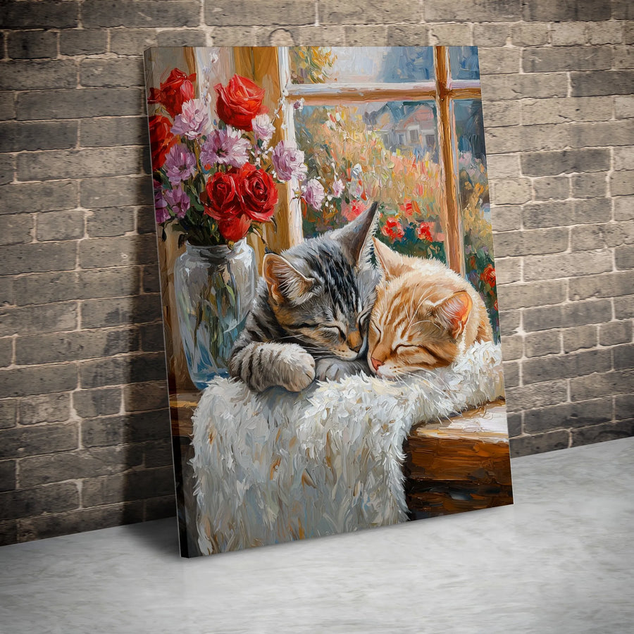 Sleeping Cats Canvas Wall Art | Impressionist Window Scene with Red Roses | Premium 1.25" Gallery Wrap | Cozy Home Decor Gift for Cat Lovers