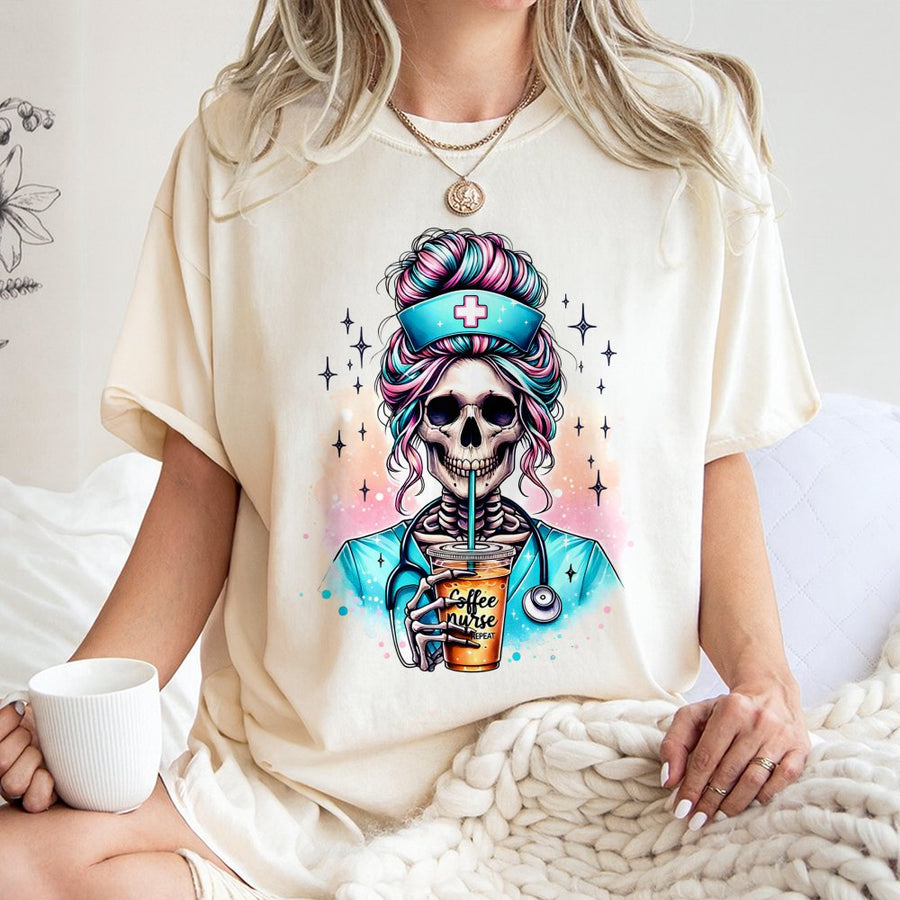 Nurse T-Shirt | Skeleton Iced Coffee Nurse Graphic | 100% Soft Cotton Premium Tee | Funny Medical Professional Gift for Nurses