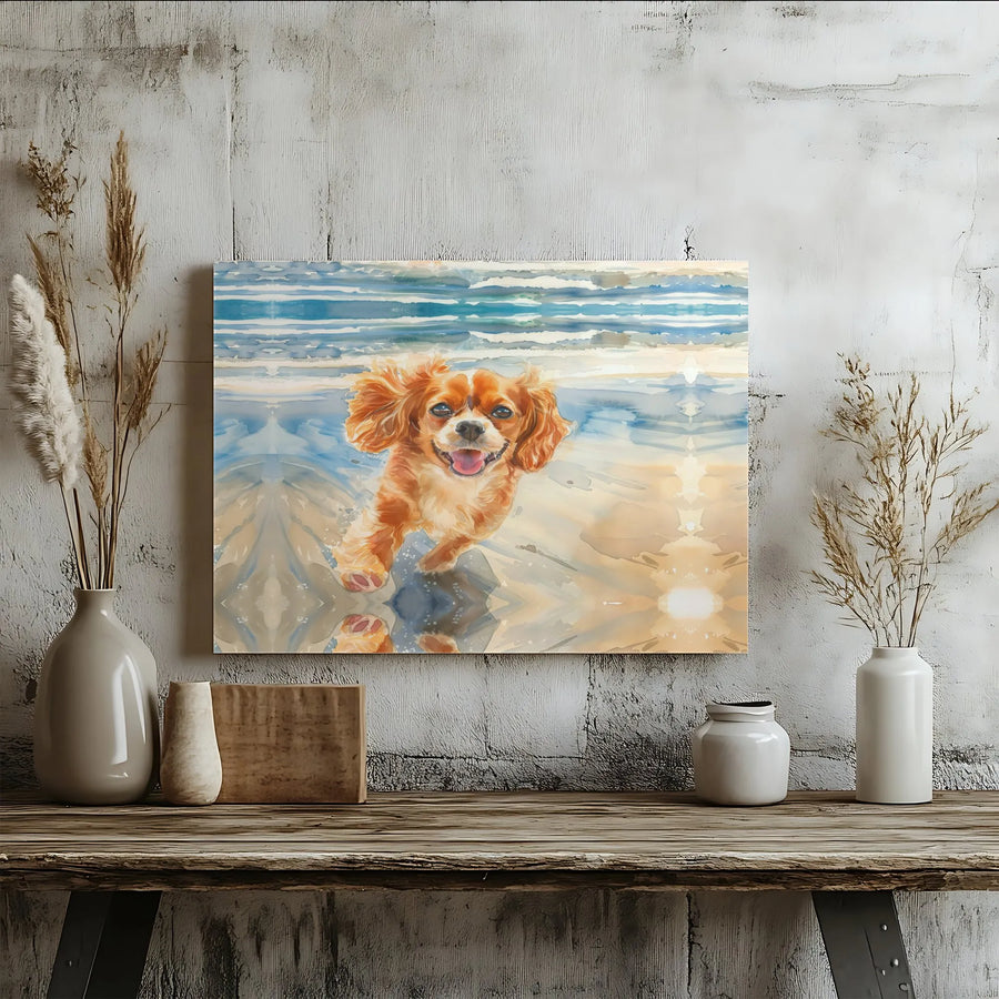 Cavalier King Charles Spaniel Canvas Wall Art | Watercolor Dog on Beach Painting | Premium Gallery Wrapped Canvas | Gift for Dog Lover & Pet Owner