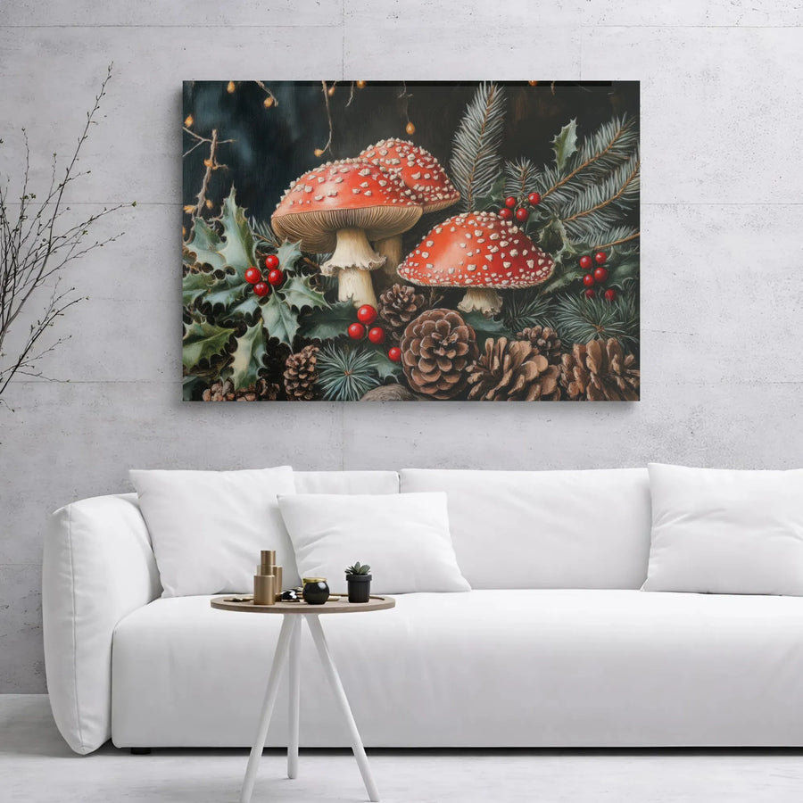 Christmas Mushroom Wall Art | Red Amanita Holly Pine Cone Canvas Print | Premium Gallery Wrap Decor | Holiday Seasonal Home Gift