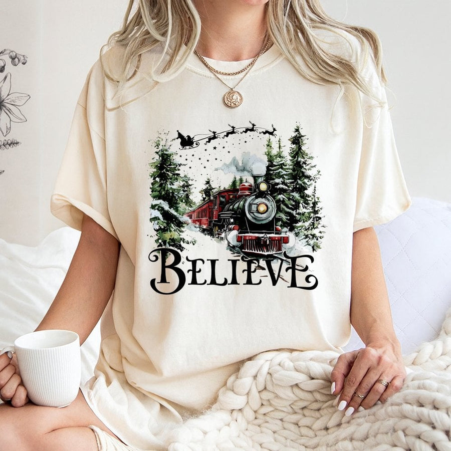 Believe Christmas Train T-Shirt | Vintage Holiday Express Graphic Tee | Premium Cotton Holiday Apparel | Magical Winter Gift for Train Lovers