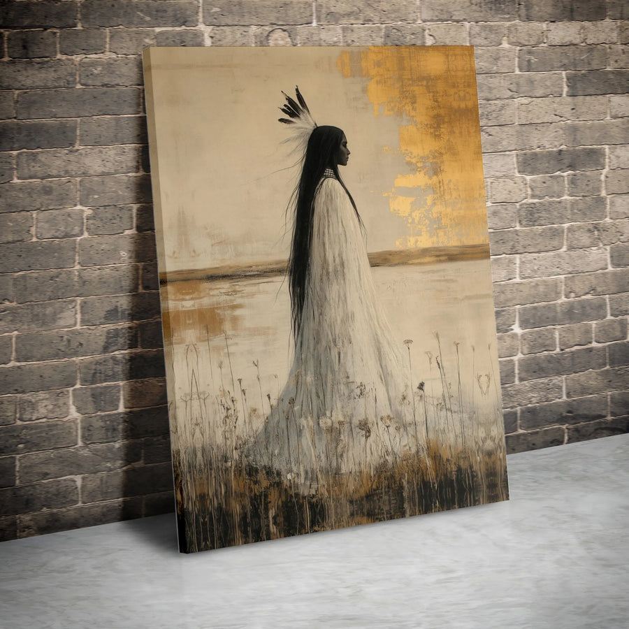 Native American Woman Canvas Art | Abstract Portrait with Gold Accent | Premium Fade-Resistant Print | Collector's Southwestern Home Decor Gift