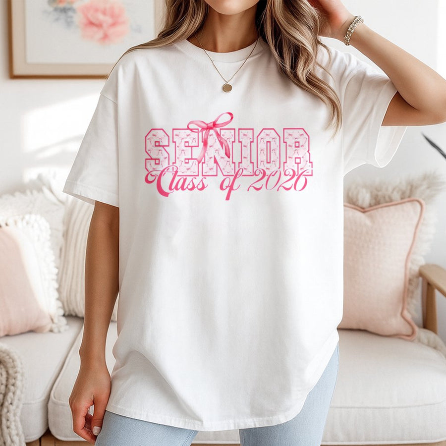 Senior Class Of 2026 T-Shirt | Cute Pink Bow Aesthetic Graduation Design | 100% Soft Cotton Premium Tee | Unique High School And College Senior Year Gift