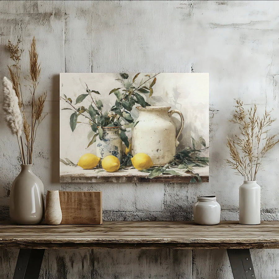 Rustic Lemon Still Life Canvas Wall Art | Mediterranean Kitchen Pitcher Print | Premium 1.25" Gallery Wrap | Farmhouse Decor for Dining Room