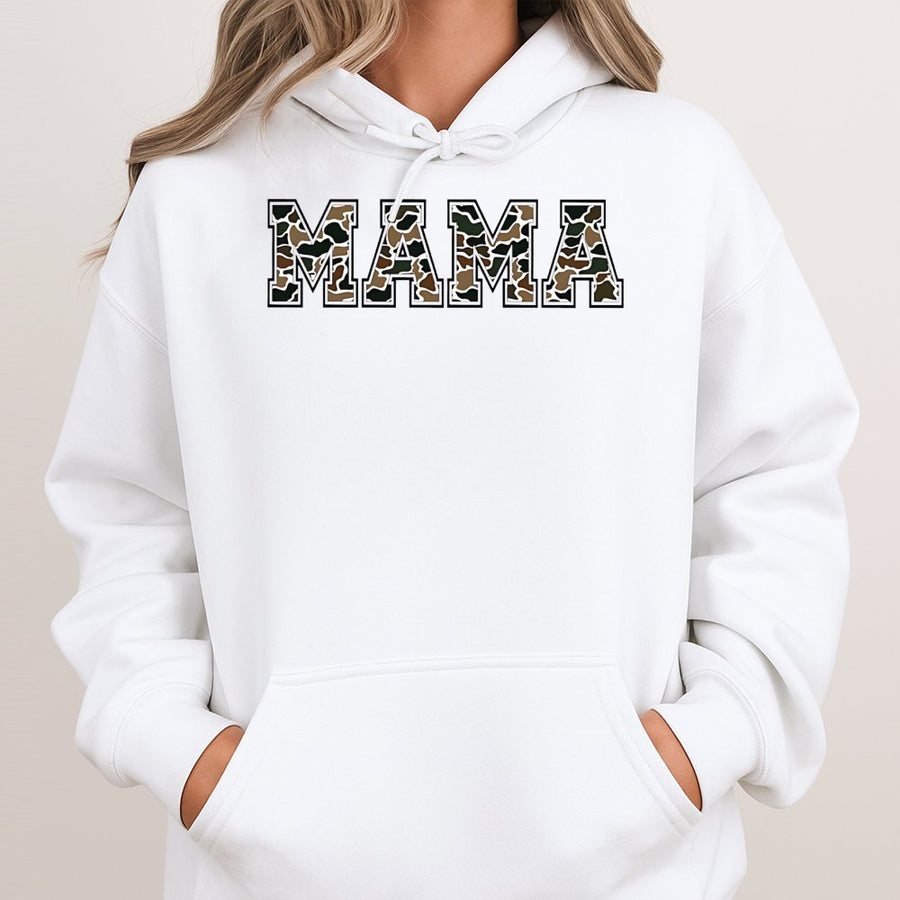 Mama Camo Hoodie | Varsity Letter Print | Premium Cotton-Blend | Hunting Mom Gift Idea for Country Style Women