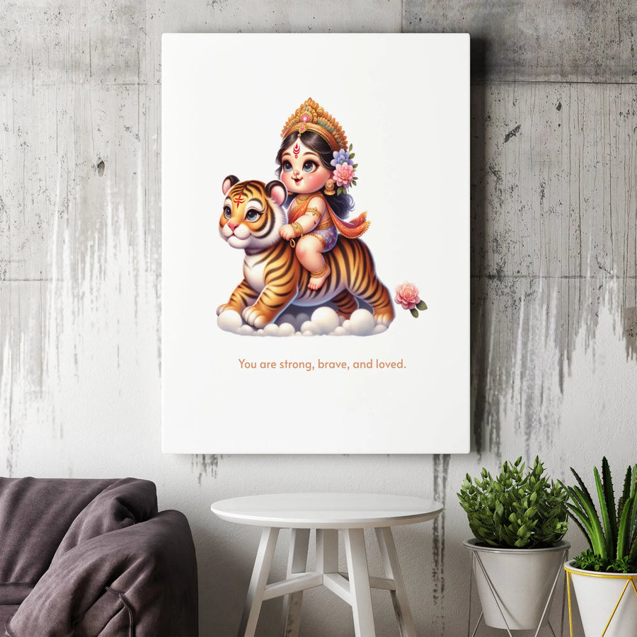 Baby Goddess Durga Canvas Print | Cute Tiger Cub Nursery Wall Art | 1.25 Inch Premium Gallery Wrap | Inspirational Hindu Spiritual Gift for Kids