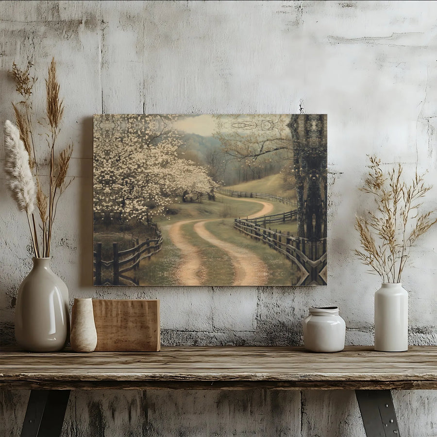 Country Road Canvas Wall Art | Winding Path & Blooming Spring Trees | Premium Canvas Print | Rustic Farmhouse Living Room Decor Gift