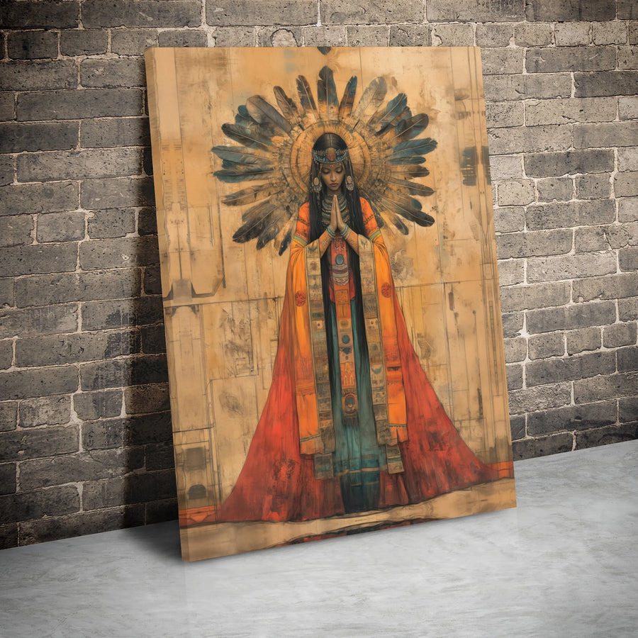 Native American Woman Canvas Wall Art | Spiritual Feather Headdress Portrait | Gallery Wrap Premium Print | Boho Home Decor Gift