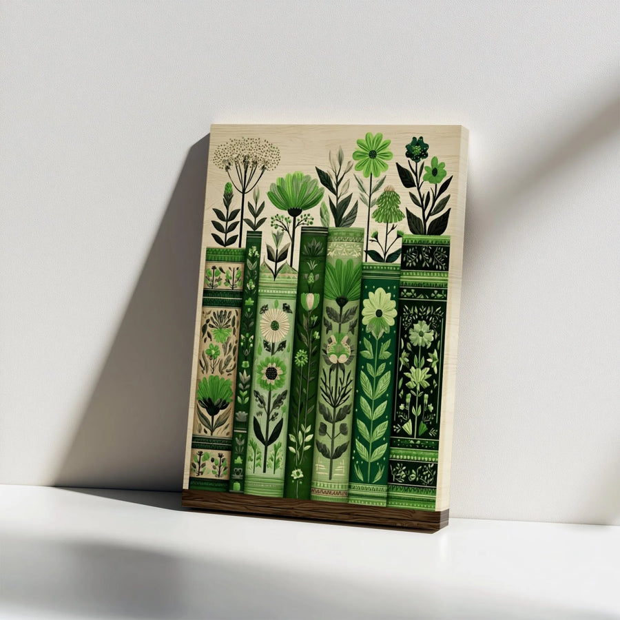 Botanical Bookshelf Canvas Wall Art | Green Floral Book Spine Illustration | Premium Gallery Print | Gift for Book Lover, Library Decor