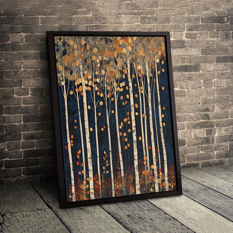 Autumn Birch Tree Forest Canvas Art | Abstract Gold and Orange Leaves Wall Decor | Premium Fade-Resistant Gallery Print | Modern Home Office Gift