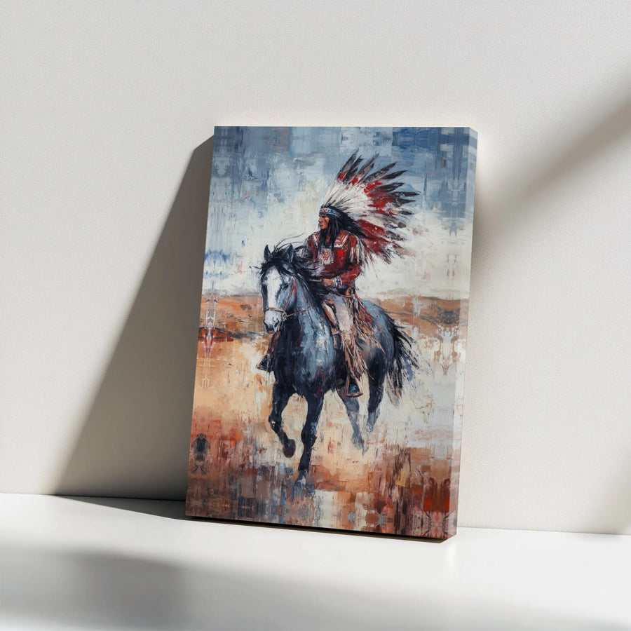 Native American Wall Art Canvas Print | Abstract Warrior on Horseback Painting | Premium Thick Gallery Wrap | Collector's Gift for Western Home Decor