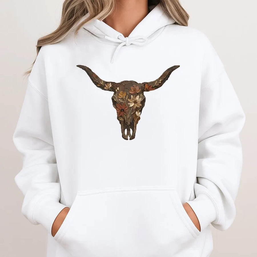 Western Cow Skull Hoodie | Brushstroke Floral Art Graphic | Soft Cotton Blend Unisex Top | Western Aesthetic Gift for Cowboy or Cowgirl
