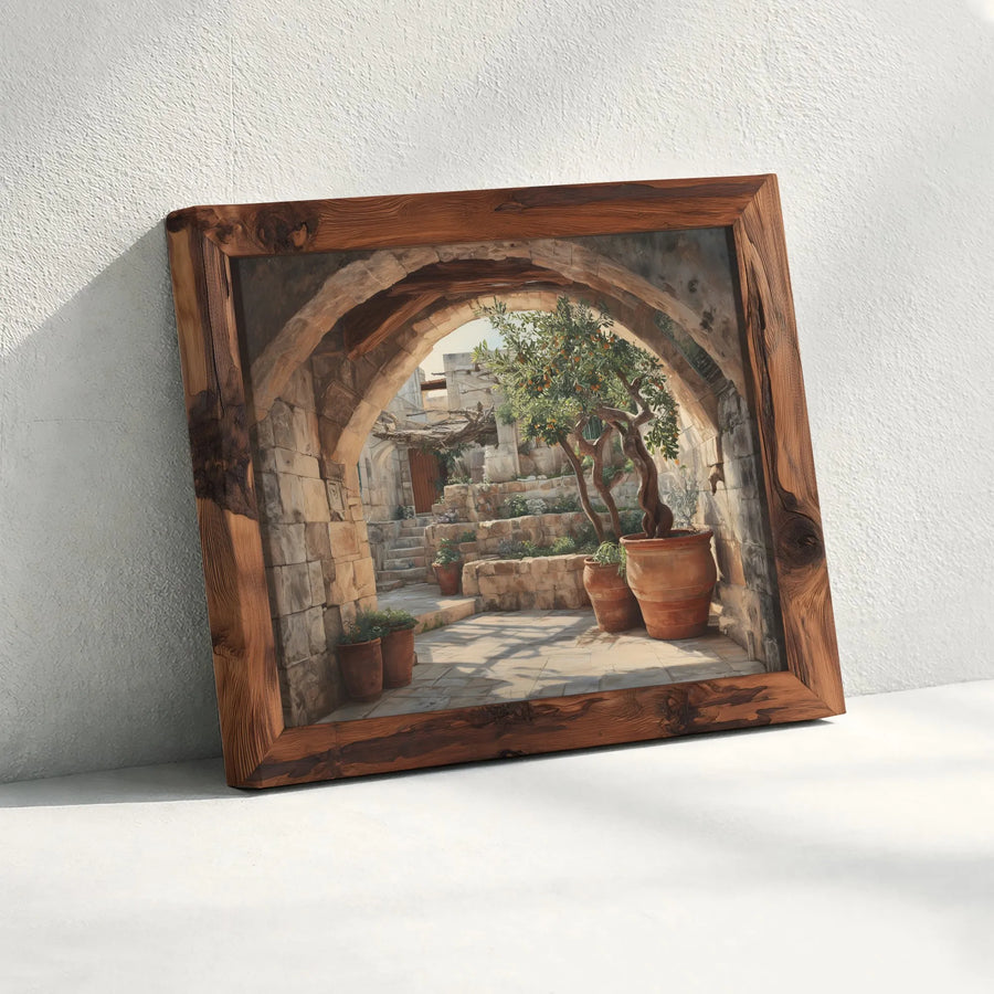 Rustic Mediterranean Canvas Print | Sunlit Courtyard Scene with Printed Wood Frame | Premium Gallery Wrapped Wall Art | Tuscan Farmhouse Decor Gift