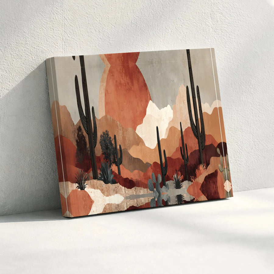 Boho Desert Canvas Wall Art | Abstract Saguaro Cactus & Sun Print | Premium Thick Gallery Canvas | Southwestern Living Room Decor Gift