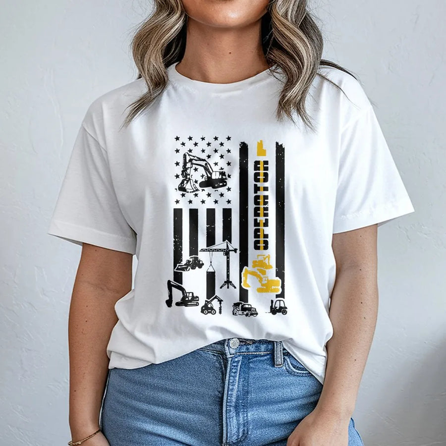 Heavy Equipment Operator T-Shirt | American Flag Construction Graphic | Premium Cotton Blend | Gift for Construction Worker