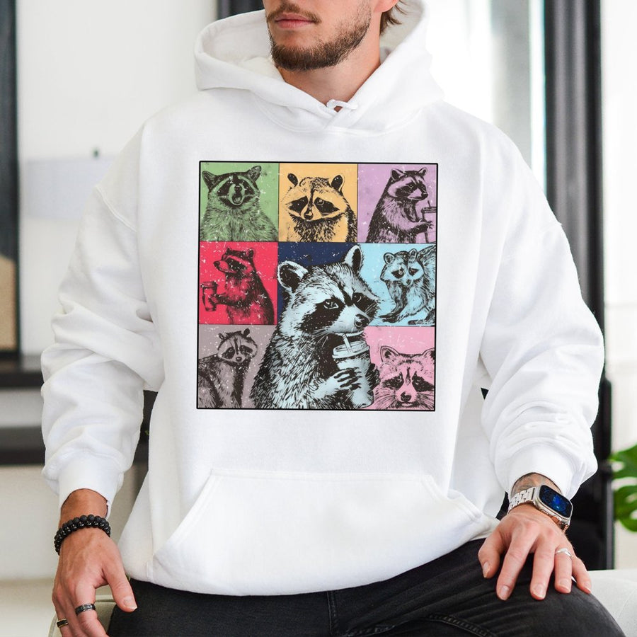 Raccoon Coffee Hoodie | Retro Pop Art Trash Panda Graphic | Premium Cotton Blend | Funny Animal Lover Gift for Men and Women
