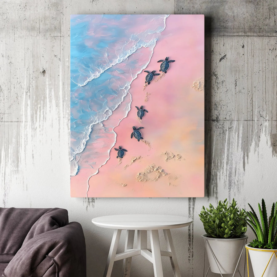 Baby Sea Turtles Canvas Wall Art | Aerial Pink Sand Beach Ocean Print | Premium Gallery Wrapped Decor | Coastal Living Room Gift Idea