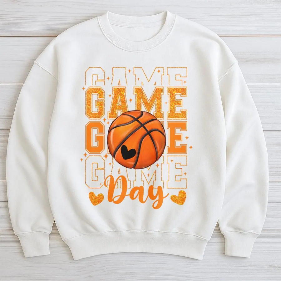 Basketball Game Day Sweatshirt | Glitter Heart Graphic Print | Premium Cotton Blend | Basketball Mom Gift For Her