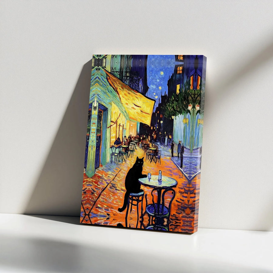 Black Cat Van Gogh Canvas Print | Cafe Terrace Parody with Black Cat | Premium Stretched Canvas | Gift for Cat Lover & Art Student