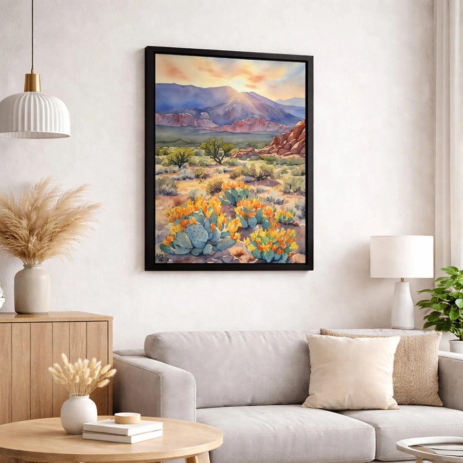 Desert Landscape Canvas Print | Watercolor Prickly Pear Cactus Sunrise | Gallery Quality 1.25" Profile | Southwestern Boho Home Decor Gift
