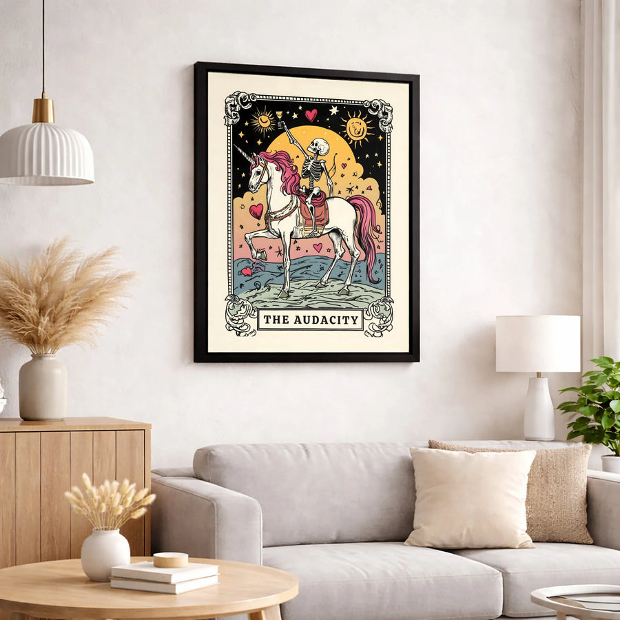 The Audacity Tarot Card Canvas | Skeleton Riding Unicorn Wall Art | Premium Fade-Resistant Gallery Wrap | Whimsical Gothic Home Decor Gift