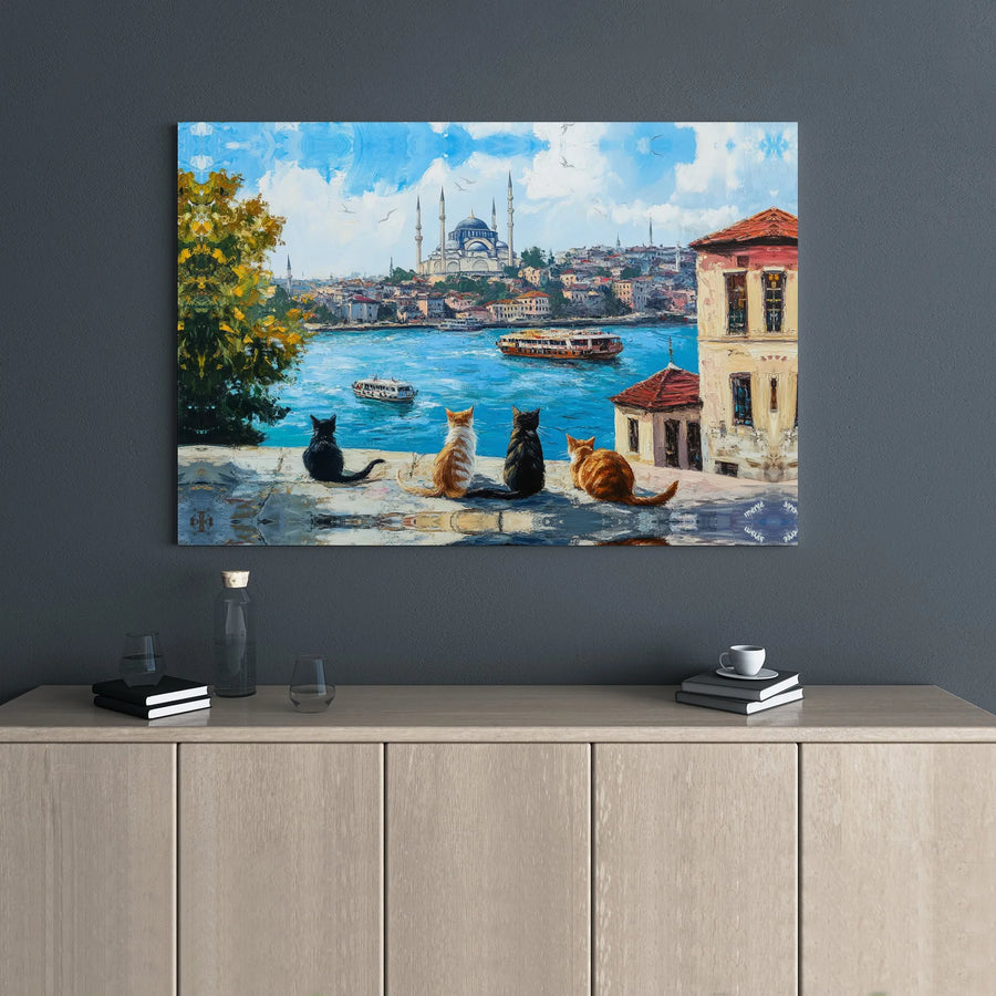 Istanbul Cityscape Canvas Print | Cats Overlooking Bosphorus Oil Painting Style | 1.25 Inch Gallery Wrap Wall Art | Travel & Cat Lover Gift