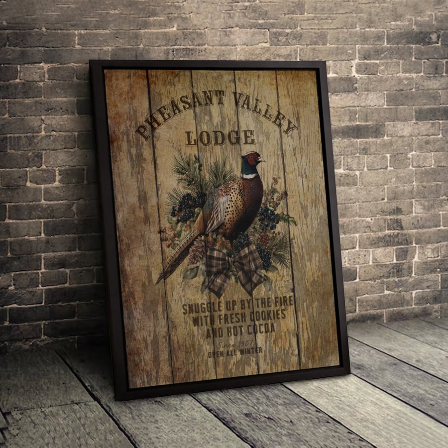 Pheasant Lodge Wall Art | Vintage Rustic Bird Cabin Decor | Gallery Wrapped Premium Canvas | Cozy Winter Mountain Home Gift