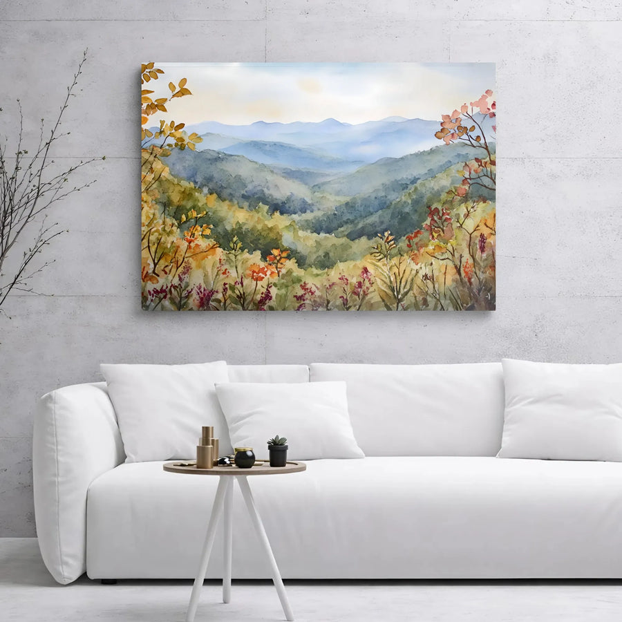 Mountain Landscape Canvas Print | Watercolor Autumn Wildflowers Art | Premium Gallery Wrap Wall Decor | Nature Lovers Gift