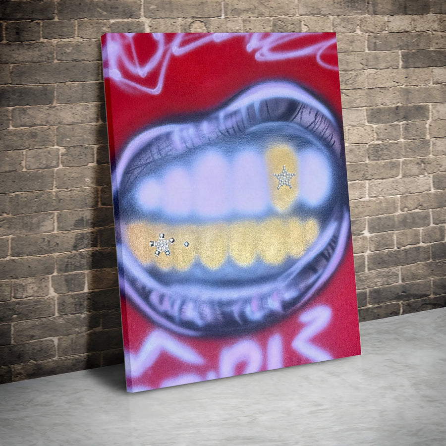 Graffiti Lips Wall Art | Gold Teeth Grillz Urban Decor | Gallery Wrap Canvas Print | Street Style Home Decor Gift for Him