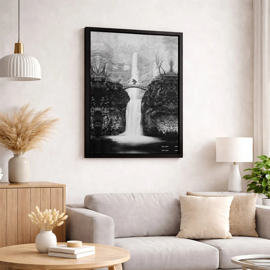 Bigfoot Wall Art Canvas | Black and White Multnomah Falls Print | Gallery Wrapped 1.25" Profile | Rustic Cabin Home Decor Gift