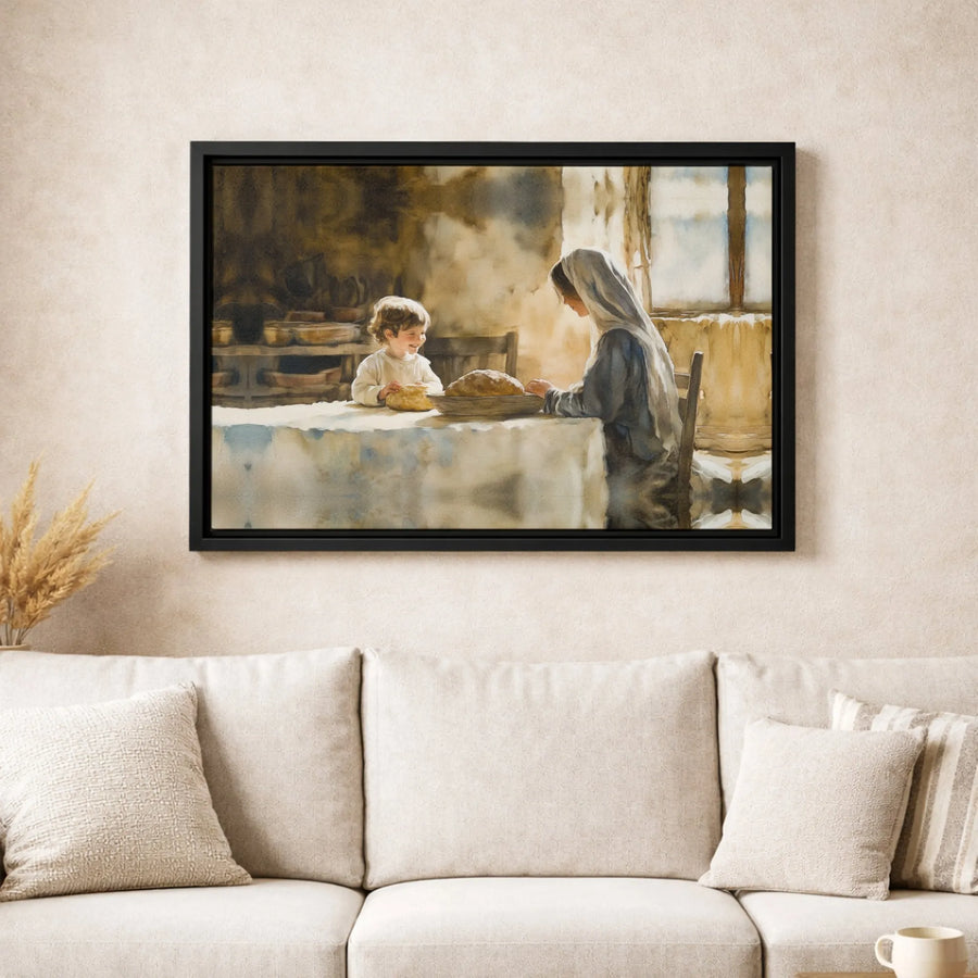 Jesus and Mary Breaking Bread Canvas Art | Watercolor Religious Wall Decor | Premium 1.25-inch Gallery Wrap | Catholic Home Gift