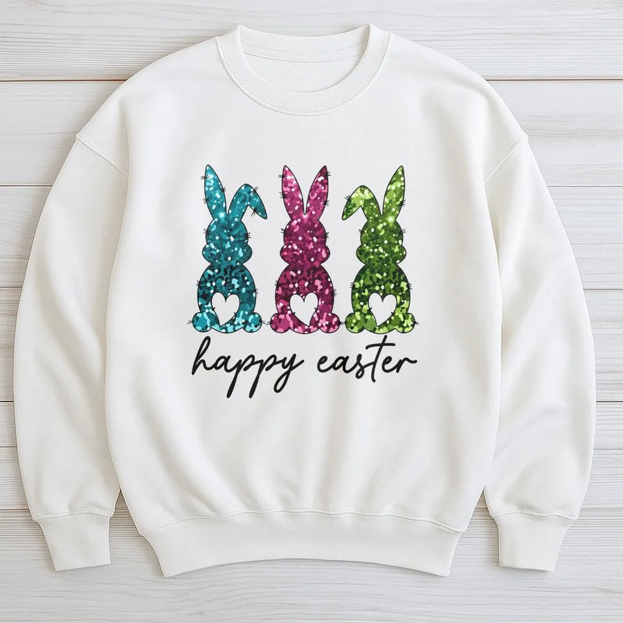Happy Easter Glitter Bunny Sweatshirt | Colorful Rabbit Graphic Print | Soft Cotton-Poly Blend | Festive Spring Holiday Apparel Gift