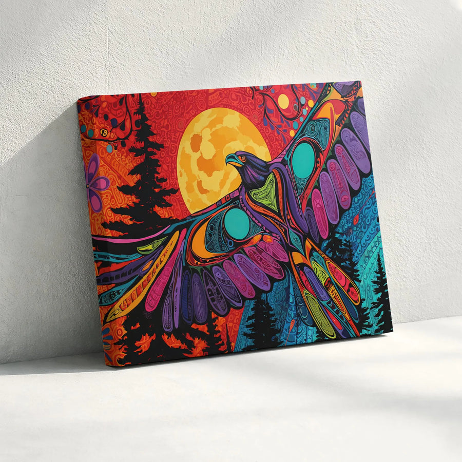 Tribal Eagle Canvas Wall Art | Vibrant Forest Moon Bird Artwork | Premium Fade-Resistant Print | Boho & Rustic Home Decor Gift