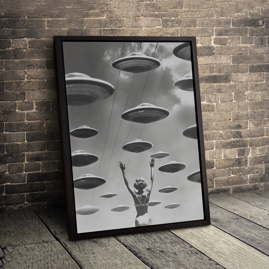UFO Invasion Wall Art | Vintage Surreal Sci-Fi Canvas Print | Premium Gallery Wrapped Decor | Unique Gift for Alien Enthusiasts