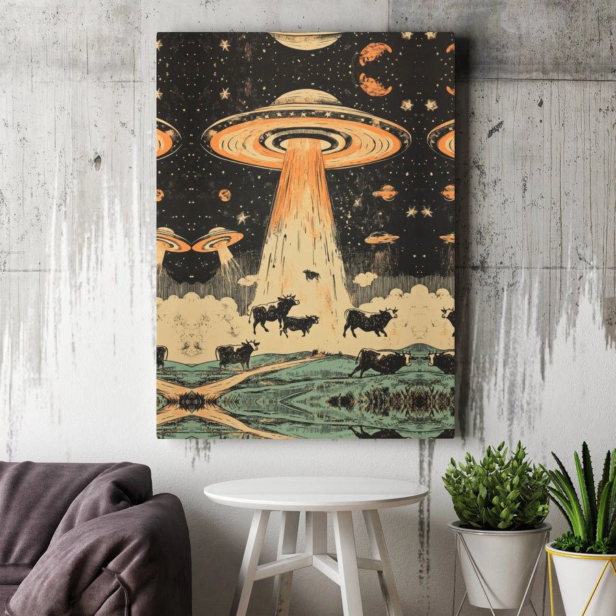UFO Abducting Cows Canvas Wall Art | Vintage Alien Space Exploration Print | Premium 1.25-inch Gallery Wrap | Sci-Fi Gift for Space Enthusiasts
