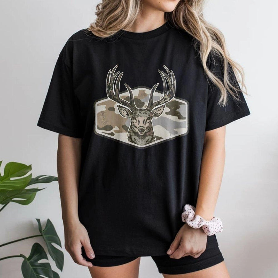 Deer Hunting T-Shirt | Camo Whitetail Buck Graphic Design | Premium 100% Cotton Apparel | Gift for Outdoorsmen and Hunters