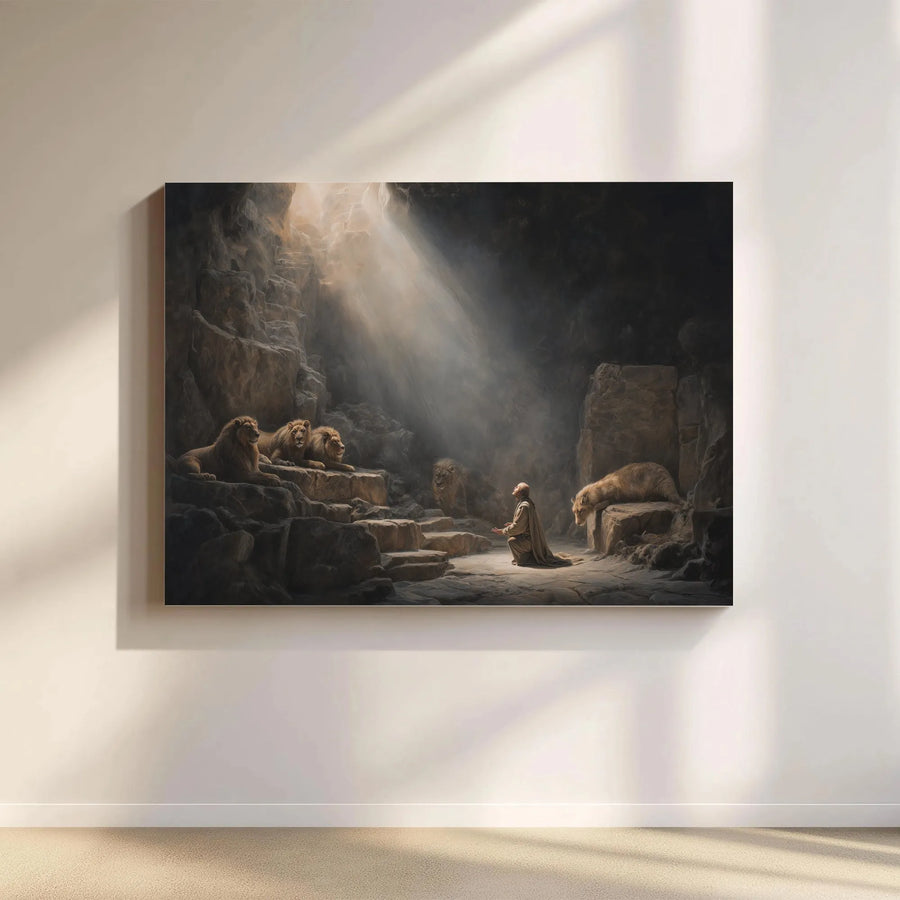 Daniel in the Lions Den Canvas Wall Art | Bible Story Painting | Premium Gallery Wrap | Christian Home Decor Gift