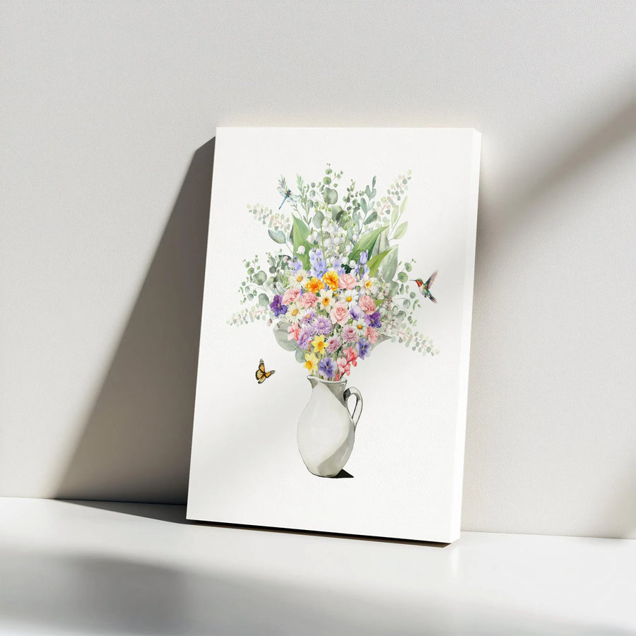 Watercolor Flower Bouquet Canvas Wall Art | Botanical Hummingbird & Butterfly Print | Premium 1.25" Gallery Wrap | Elegant Nature Home Decor Gift